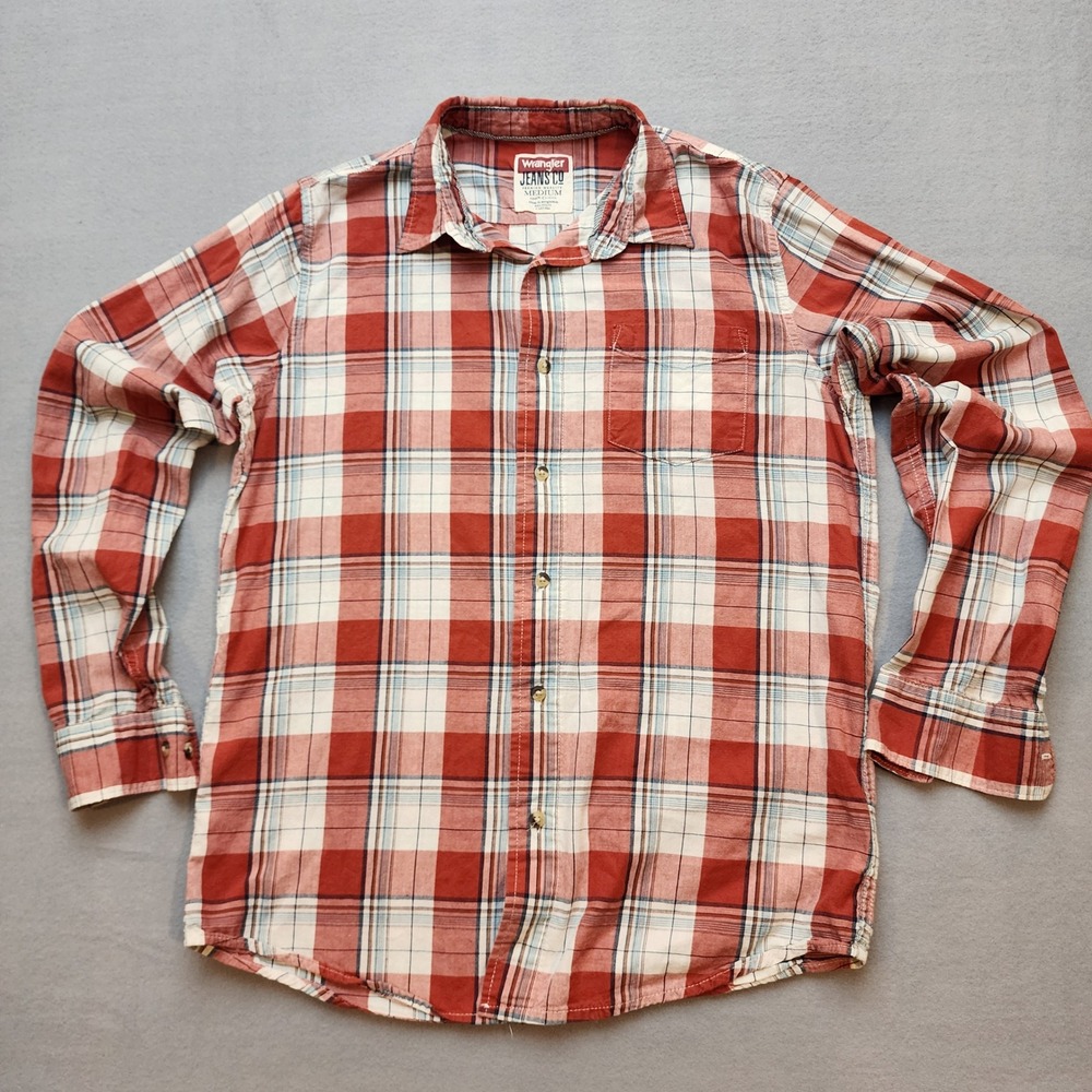 Wrangler Jeans Co Mens Red White Blue Plaid Long Sleeve Button Down Shirt Medium